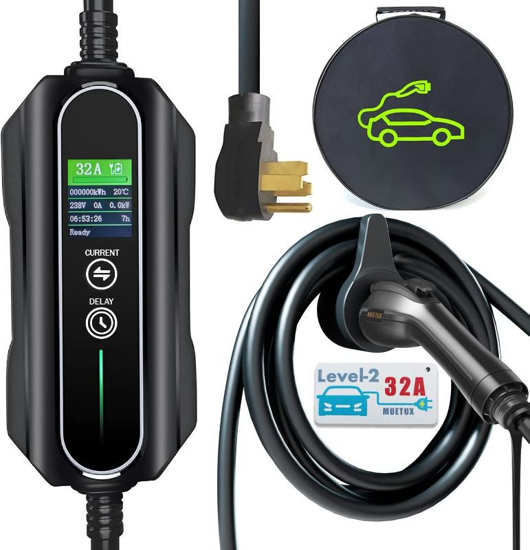 Photo 1 of MUETUX Level 2 Portable EV Charger (32Amp, 110V-240V, 22ft Cable), Electric Vehicle Charging Station with NEMA 14-50Plug. Adjustable 32A/24A/20A/16A/10Amp Current. SAE J1772. Can be Delay (1-12 hours)