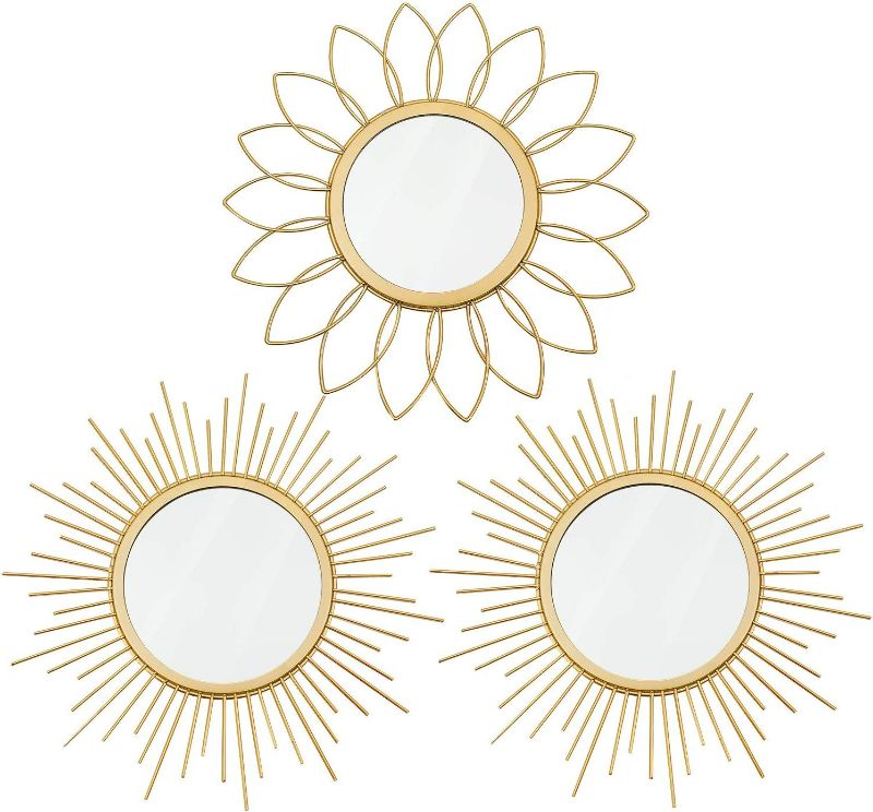 Photo 1 of 3 Pack Gold Mirrors for Wall Metal Sunburst Wall Mirrors Home Décor Decorative Hanging Wall Art for Living Room Bedroom Entryway