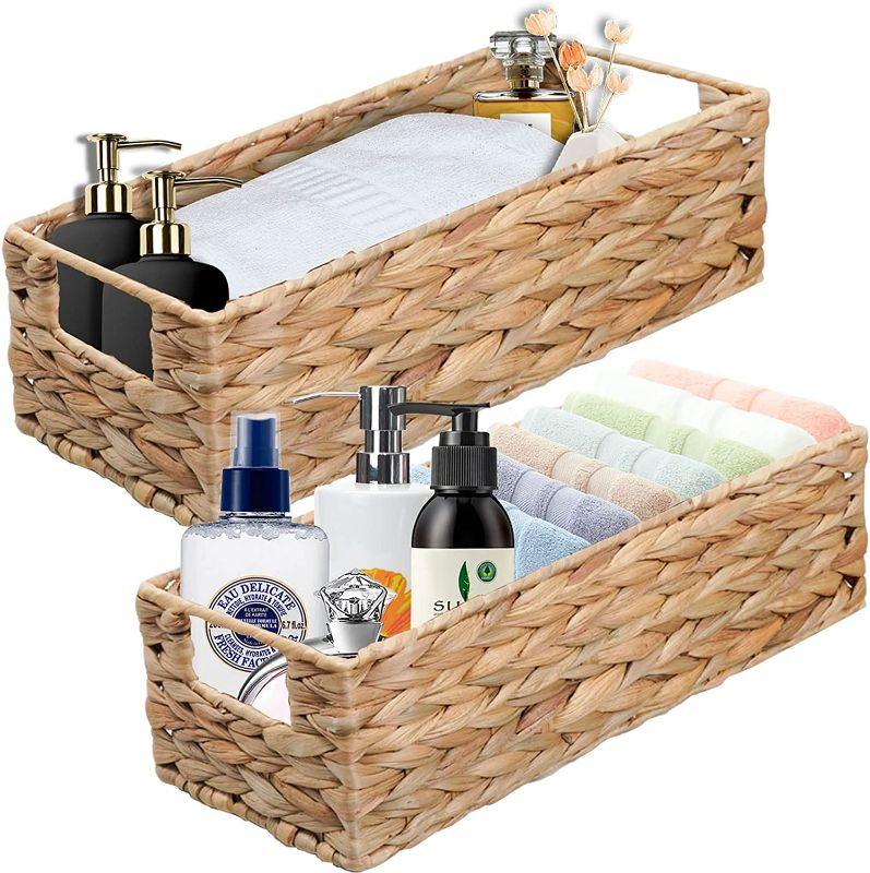 Photo 3 of OUTBROS 2 Pack Woven Storage Basket, Storage Organizer Basket, Toilet Paper Basket, Vintage Basket Bin for Bathroom Kitchen Toilet Tank Vanity Countertop Table Shelf, Natural Water Hyacinth