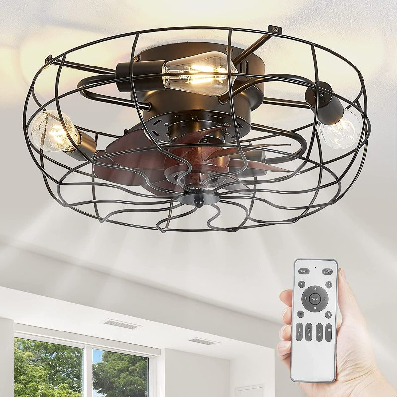 Photo 1 of LEDIARY 20" Caged Ceiling Fans With Lights and Remote, Flush Mount Bladeless Ceiling Fan Low Profile, Small Farmhouse Industrial Enclosed Ceiling Fan with Light For Bedroom, Kitchen, Indoor