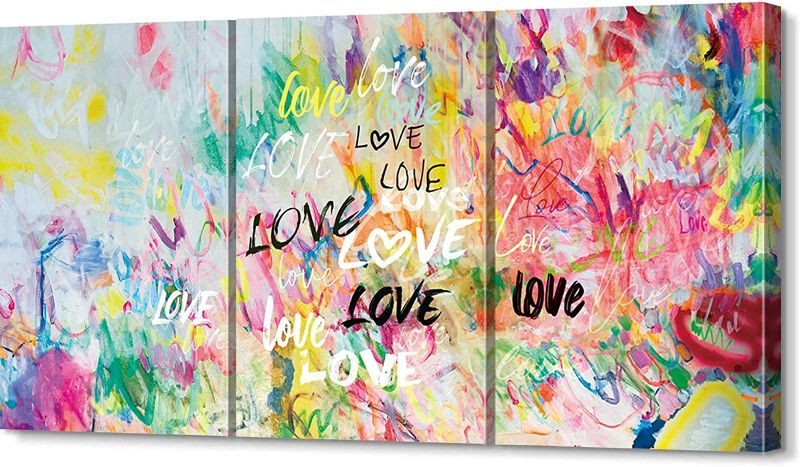 Photo 1 of PENNLYNN 3 Piece Pink Pop Art Wall Decor Abstract Large Canvas Wall Art Love Prints Graffiti Bedroom Wall Decor Above Bed Aesthetic Banksy Artwork for Walls Office Kitchen Living Dining Room Paintings