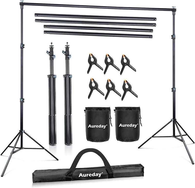 Photo 1 of Aureday Backdrop Stand, 8.5x10ft Adjustable Photo Backdrop Stand for Parties, Heavy Duty Background Stand with Travel Bag, 6 Backdrop Clamps, 4 Crossbars, 2 Sandbags for Wedding/Decorations/Photoshoot