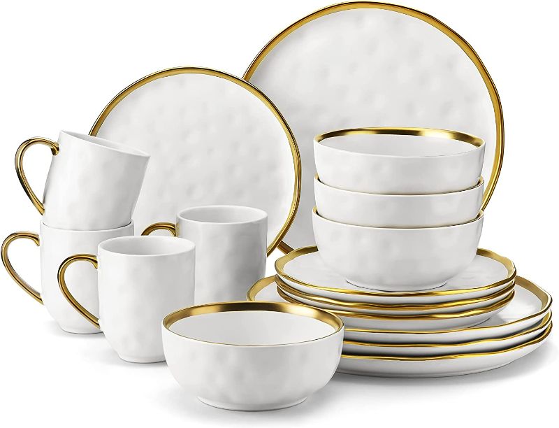 Photo 1 of Stoneware Dinnerware Set for 4, Handmade Dishes Set 16 PCS, LOVECASA Plates and Bowls Sets, Plate Set for Dinner, White and Golden Rim, Series Sweet