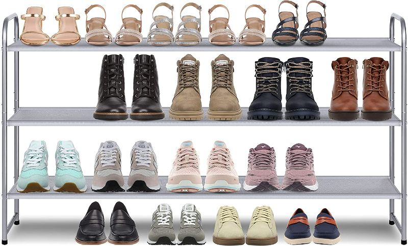 Photo 1 of 3 Tier Long Shoe Rack for Closet Floor Wide Stackable Shoe Shelf 24-Pairs Fabric Shoe Storage Organizer for Bedroom (Gray)