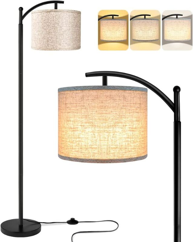 Photo 1 of  Floor Lamp for Living Room with 3 Color Temperatures, Standing Lamp Tall Industrial Floor Lamp Reading for Bedroom, Office (9W LED Bulb, Beige Lampshade Included) -Black