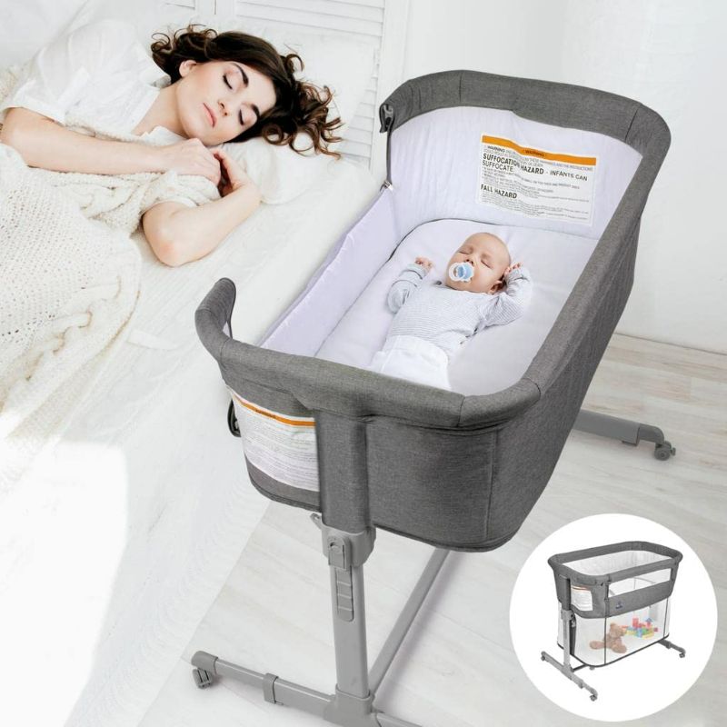 Photo 1 of 3 in 1 Baby Bassinet, Bedside Sleeper, & Playpen, Easy Folding Portable Crib (Grey)