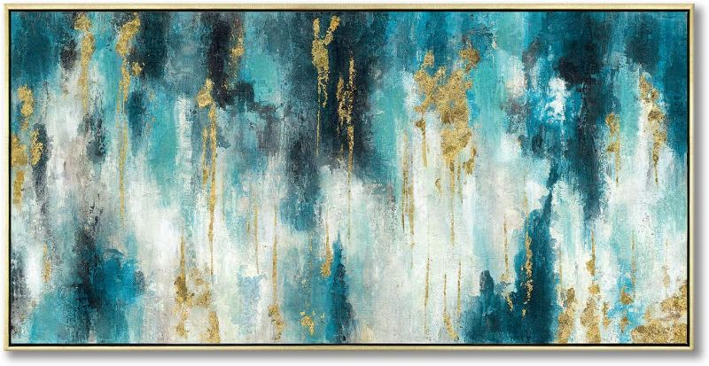 Photo 1 of Turquoise Abstract Canvas Painting Wall Art: Hand Painted Art Modern Picture Navy Blue Teal Artwork for Living Room Decor (48'' x 24'' Framed)