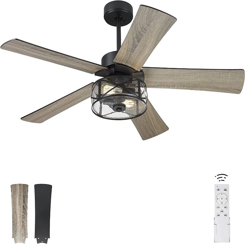 Photo 1 of YOUKAIN Farmhouse Ceiling Fans, 48 Inch Industrial Ceiling Fan with Light and Remote Control, Clear Glass, 5-Reversible Blades with Matte Black/Wooden Finish, 52-YJ632