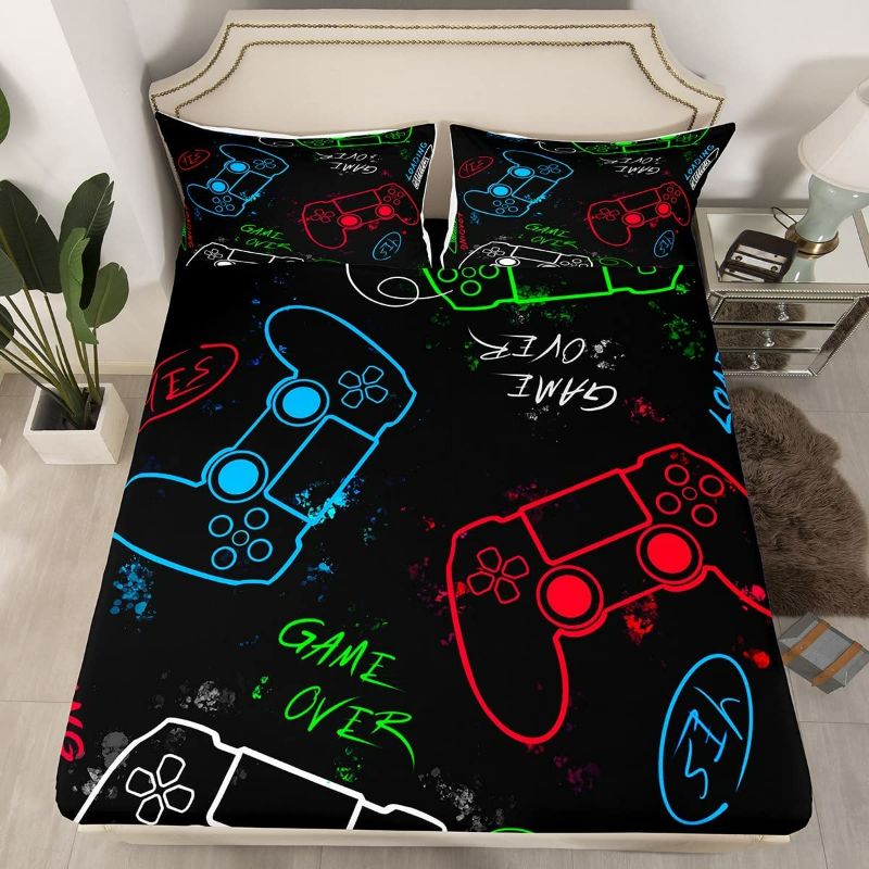 Photo 1 of Erosebridal Boy Gamepad Bed Cover Full Size Game Console Bedding Set Joystick Control Buttons Gaming Fitted Sheet Youth Game Room Decorative Colorful Fitted Sheet for Kids Teens, Black