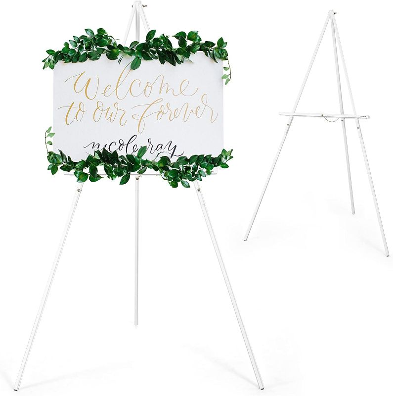Photo 1 of VISWIN 63" Wooden Tripod Display Easel Stand for Wedding Sign, Poster, A-Frame Artist Easel Floor with Tray for Painting, Canvas, Foldable Easel - White