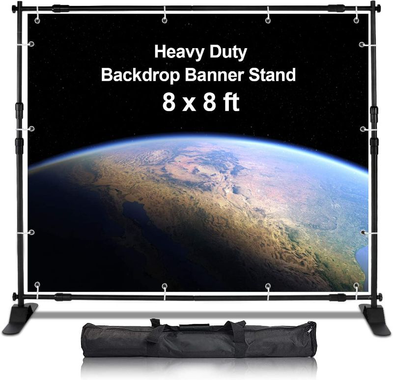 Photo 1 of AkTop 8x8 ft Heavy Duty Backdrop Banner Stand Kit, Adjustable Photography Step and Repeat Stand for Parties, Portable Trade Show Photo Booth Background with Carrying Bag