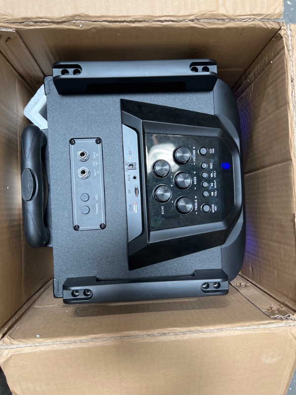 Photo 3 of Moukey Karaoke Machine, PA System Subwoofer, Portable Bluetooth Speaker w/ 2 Wireless Microphones, Lyrics Display Holder, Party Lights & Echo/Treble/Bass Adjustment, Support TWS/REC/AUX/MP3/USB/TF/FM 10" Subwoofer