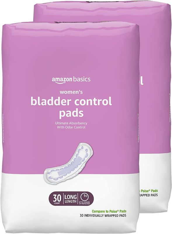 Photo 1 of Amazon Basics Incontinence, Bladder Control & Postpartum Pads for Women, Ultimate Absorbency, Long Length, 60 Count (2 Packs of 30), White (Previously Solimo)
