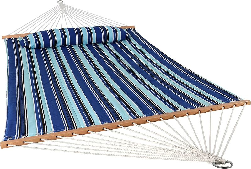 Photo 1 of Lazy Daze 12 FT Double Quilted Fabric Hammock with Spreader Bars and Detachable Pillow, 2 Person Hammock for Outdoor Patio Backyard Poolside, 450 LBS Weight Capacity, Blue Floral
