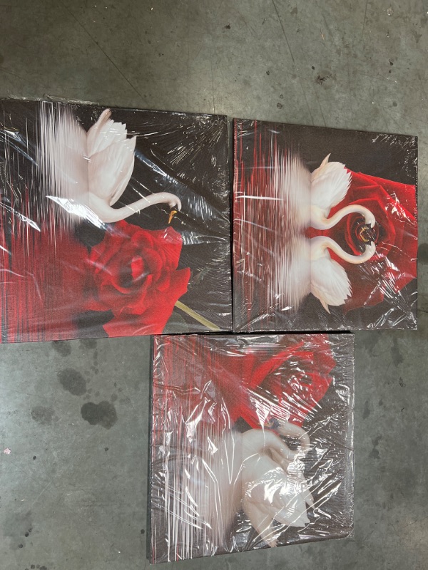 Photo 3 of Amoy Art -3 Panels Beautiful Romantic Swans Art Print on Canvas Red Rose Flowers Wall Art Decor Stretched Frames for Bedroom Bathroom Ready to Hang
