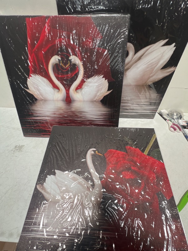 Photo 3 of Amoy Art -3 Panels Beautiful Romantic Swans Art Print on Canvas Red Rose Flowers Wall Art Decor Stretched Frames for Bedroom Bathroom Ready to Hang
