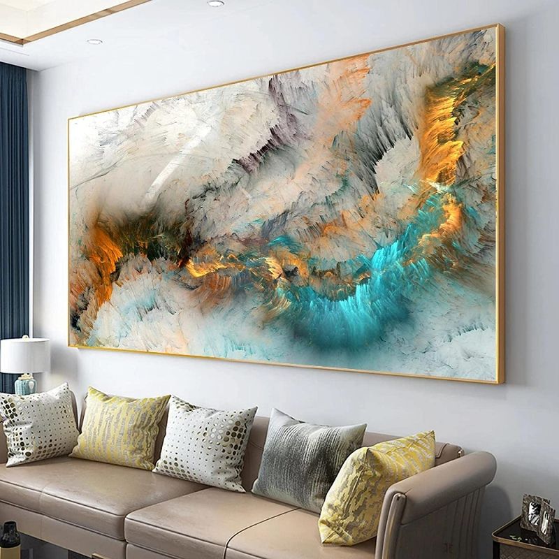 Photo 1 of  Light Gray Blue Yellow Cloud Abstract Canvas Frames - Canvas Painting Wall Art Print Poster for Living Room Decoration 4' x 2'