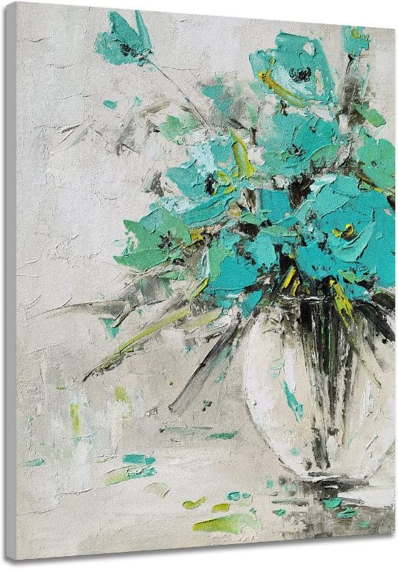 Photo 1 of YHSKY ARTS Teal Floral Paintings - Hand Painted Flower Canvas Wall Arts - Modern Still Life Artwork for Living Room Bedroom Bathroom Decor
