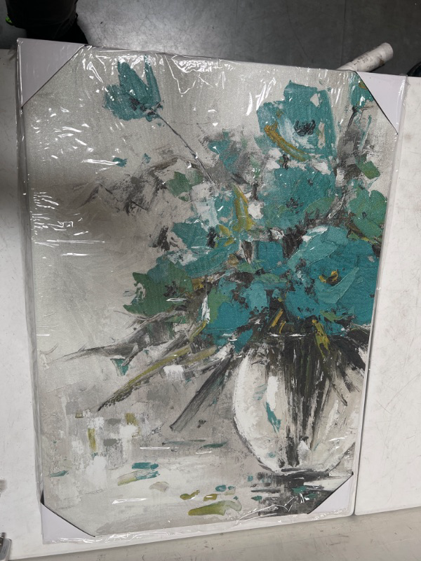 Photo 3 of YHSKY ARTS Teal Floral Paintings - Hand Painted Flower Canvas Wall Arts - Modern Still Life Artwork for Living Room Bedroom Bathroom Decor

