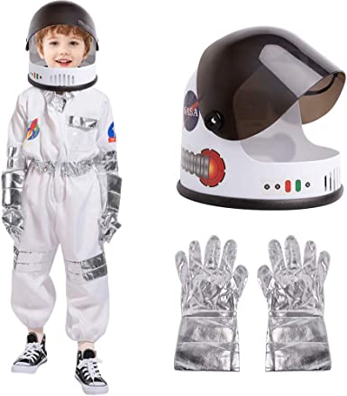 Photo 1 of eccbox Astronaut Costume for Kids Space Pretend Role Play Dress Up with Astronaut Helmet Halloween Costume for Boys Girls 3-7 Years Old White
