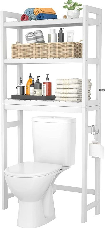 Photo 1 of Homykic Over The Toilet Storage, Bamboo 3-Tier Over-The-Toilet Space Saver Organizer Rack, Stable Freestanding Above Toilet Stand with 3 Hooks for Bathroom, Restroom, Laundry, White
