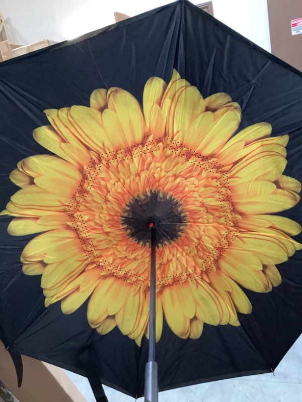 Photo 4 of MRTLLOA Windproof Inverted Reverse Umbrella with UV Protection, C-Shaped Handle Double Layer Stick Umbrella for Rain (Yellow Sunflower)

