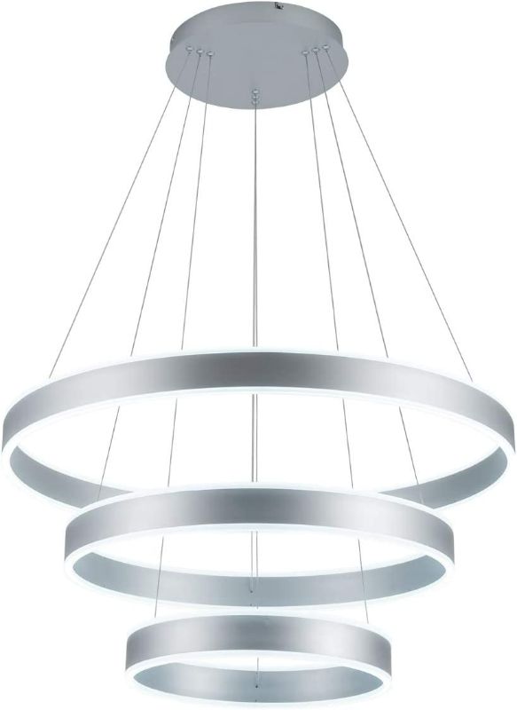 Photo 1 of ROYAL PEARL Modern Pendant Light Dimmable LED Circular Modern Chandelier with 3 Rings Adjustable Contemporary Pendant Lighting for Living Dining Room Bedroom, 160W 11200LM Cool White 6000K, Silver
