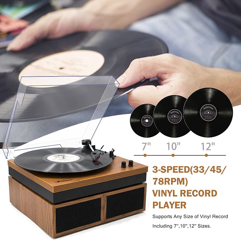 Photo 4 of VINYL MUSIC ON VINTAGE TURNTABLE MODEL: VMO - 022 - Bluetooth Vinyl Record Player with External Speakers, 3-Speed Belt-Drive Turntable for Vinyl Albums with Auto Off and Bluetooth Input, Yellow Wood