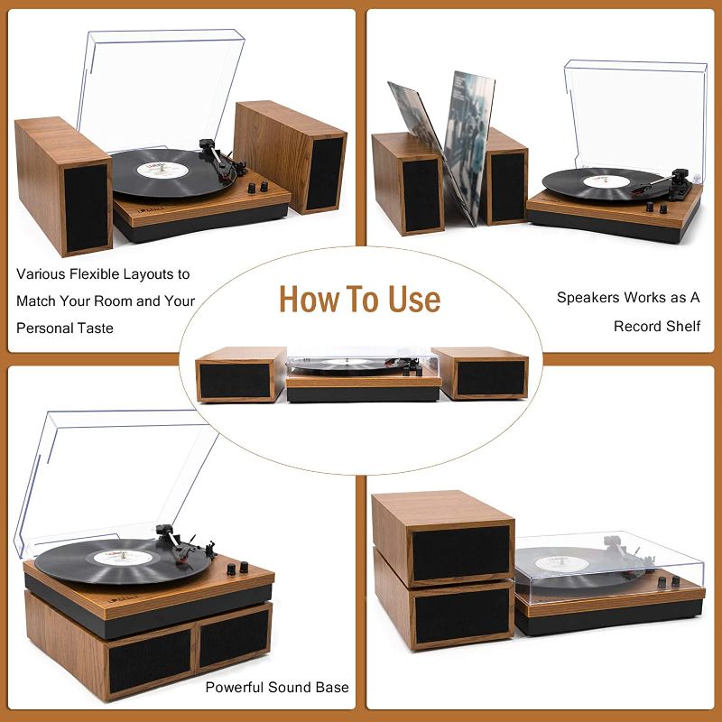 Photo 2 of VINYL MUSIC ON VINTAGE TURNTABLE MODEL: VMO - 022 - Bluetooth Vinyl Record Player with External Speakers, 3-Speed Belt-Drive Turntable for Vinyl Albums with Auto Off and Bluetooth Input, Yellow Wood