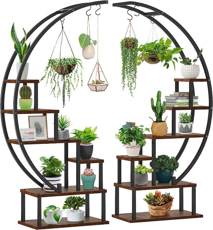 Photo 1 of Seeutek 6 Tier Tall Metal Indoor Plant Stands with Hanging Loop,Half Moon Shaped Ladder Plant Shelf Holder, Multiple Plant Stand 