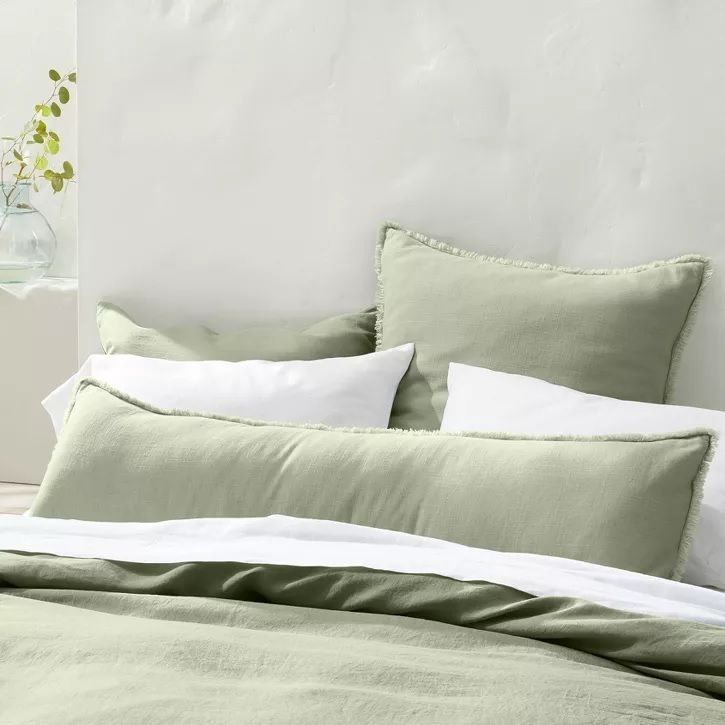 Photo 2 of CASALUNA - Lumbar Heavyweight Linen Blend Throw Pillow - 14IN X 48IN - SAGE GREEN