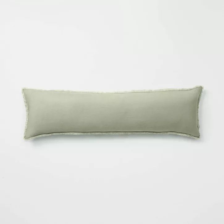 Photo 1 of CASALUNA - Lumbar Heavyweight Linen Blend Throw Pillow - 14IN X 48IN - SAGE GREEN