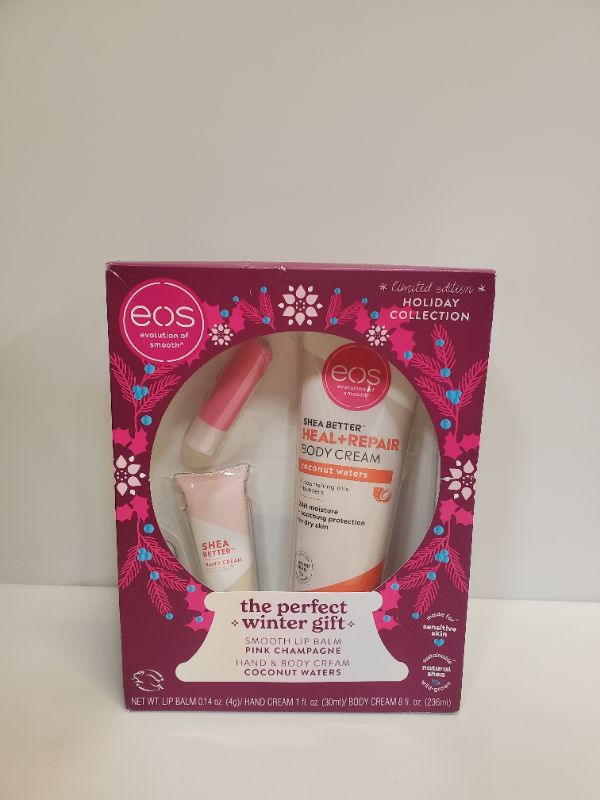 Photo 2 of EOS - 3PC Limited Edition Holiday Collection - Pink Champagne Lip Balm, Coconut Waters Hand & Body Cream, Winter Gift Set, Made for Sensitive Skin