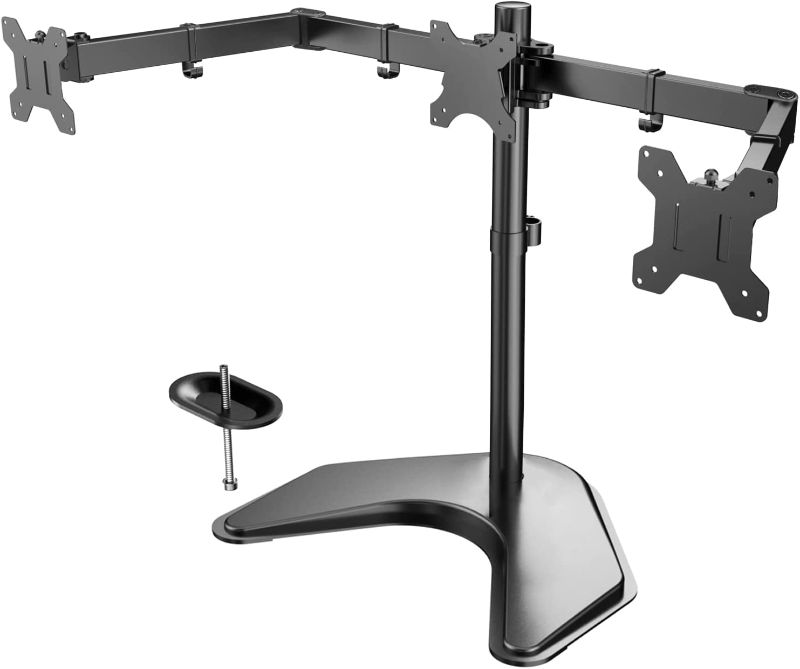 Photo 1 of HUANUO Triple Monitor Stand - for 13-24 Inches 3 Monitor Desk Mount, Heavy-Duty Free Standing Fully Adjustable Arm, Each Arm Holds up to 22lbs