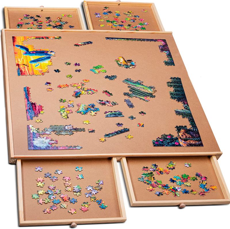 Photo 1 of 1000 Piece Wooden Jigsaw Puzzle Table - 4 Drawers, Puzzle Board | 22 1/4” x 30" Jigsaw Puzzle Board Portable - Portable Puzzle Table | for 