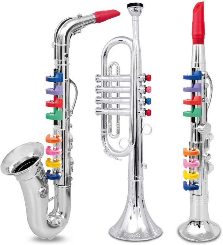 Photo 1 of Click N' Play Set of 3 Musical Instruments for Kids Trumpet Saxophone and Clarinet with Keys – Metallic Silver