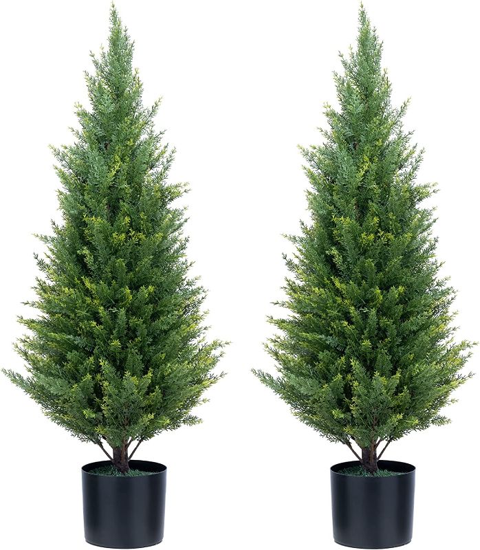 Photo 1 of ECOLVANT Two 3 Foot Artificial Cedar Trees Indoor Outdoor UV Rated Potted Plants Artificial Topiary Artificial Shrubs Tree