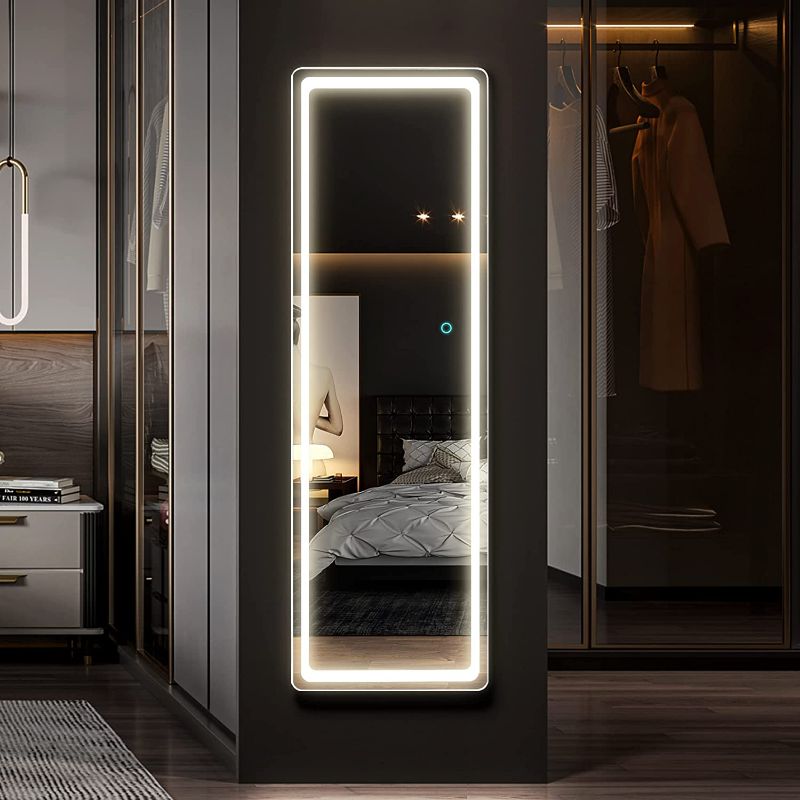 Photo 1 of LVSOMT Full-Length Mirror with Lights, 47"x14" LED Lighted Wall Mounted Mirror, Over The Door Hanging Mirror, Light Up Full Body Mirror,  (White+LED)