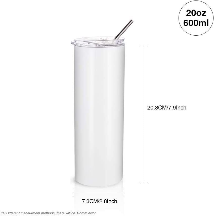Photo 1 of PYD Life Sublimation Blanks Skinny Tumbler White 20 OZ Straight Stainless Steel Tumbler with Metal Straw for Mug Tumbler Heat Press Machine Sublimation Printing 