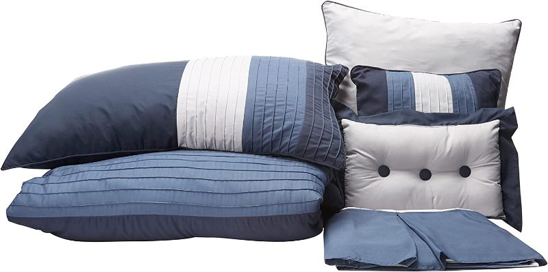 Photo 1 of Chezmoi Collection 8-Piece Luxury Striped Comforter Set (King, Navy/Blue/Gray)  104"X 92"