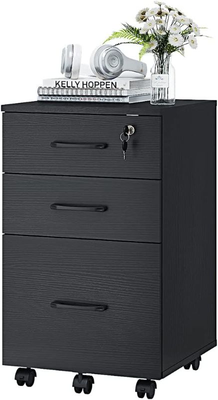 Photo 1 of Panana 3 Drawer Wood Mobile File Cabinet, Under Desk Storage Drawers Small File Cabinet for Home Office (Black)