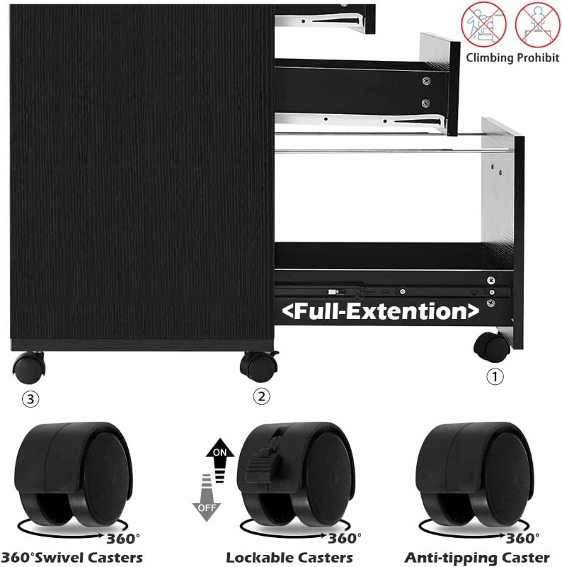 Photo 2 of Panana 3 Drawer Wood Mobile File Cabinet, Under Desk Storage Drawers Small File Cabinet for Home Office (Black)