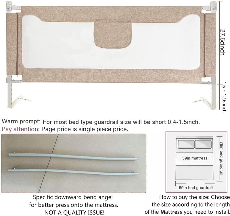 Photo 1 of Bed Rails for Toddlers, Extra Tall Specially Designed for Twin, Full, Queen, King Size - Safety Bed Guard Rails for Kids (1 Side:78.74"(L) x27"(H), Khaki)