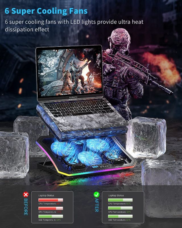 Photo 2 of Laptop Cooling Pad, KeiBn RGB Lights Laptop Cooler 6 Fans for 15.6-17.3 Inch Laptops, 7 Height Stands, 10 Modes Light, 2 USB Ports, Desk or Lap Use
