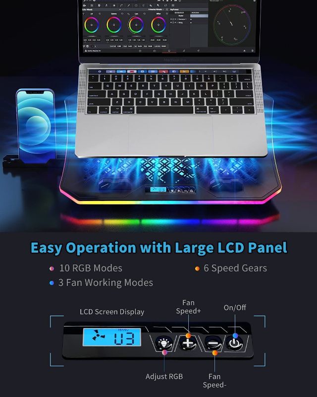 Photo 1 of Laptop Cooling Pad, KeiBn RGB Lights Laptop Cooler 6 Fans for 15.6-17.3 Inch Laptops, 7 Height Stands, 10 Modes Light, 2 USB Ports, Desk or Lap Use
