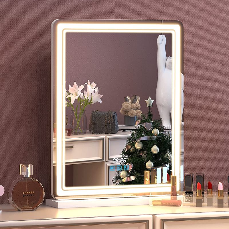 Photo 1 of Lareth Makeup Mirror with Lights Large Lighted Vanity Mirror 18" W x 24" H Tabletop, Light Up Mirror with Dimmable 3-Color Led TIME & Temp Display for Bedroom Dressing Room(White)