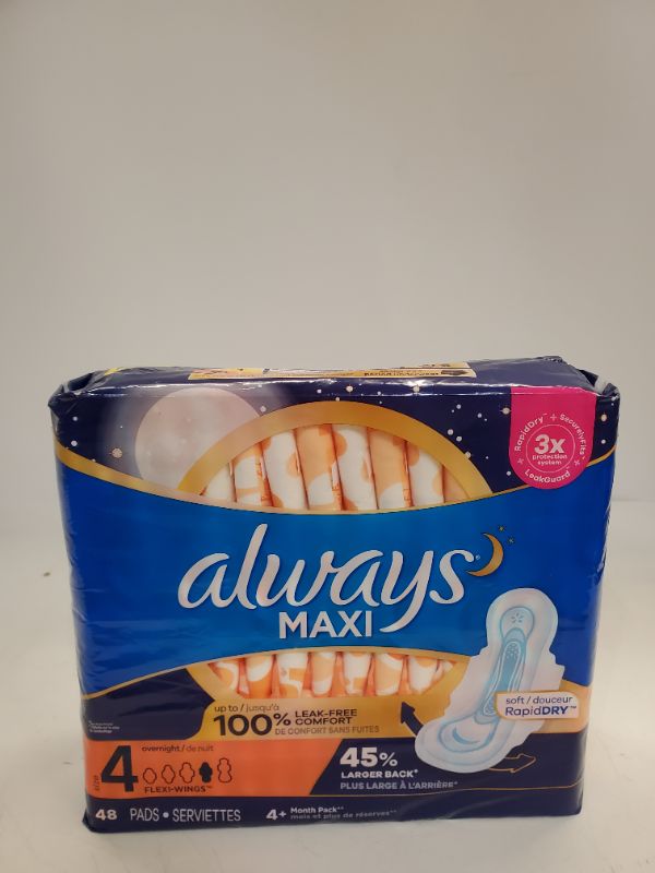 Photo 2 of Always Maxi Size 4 Overnight Feminine Pads with Wings, Unscented, 48 Count (Packaging May Vary)