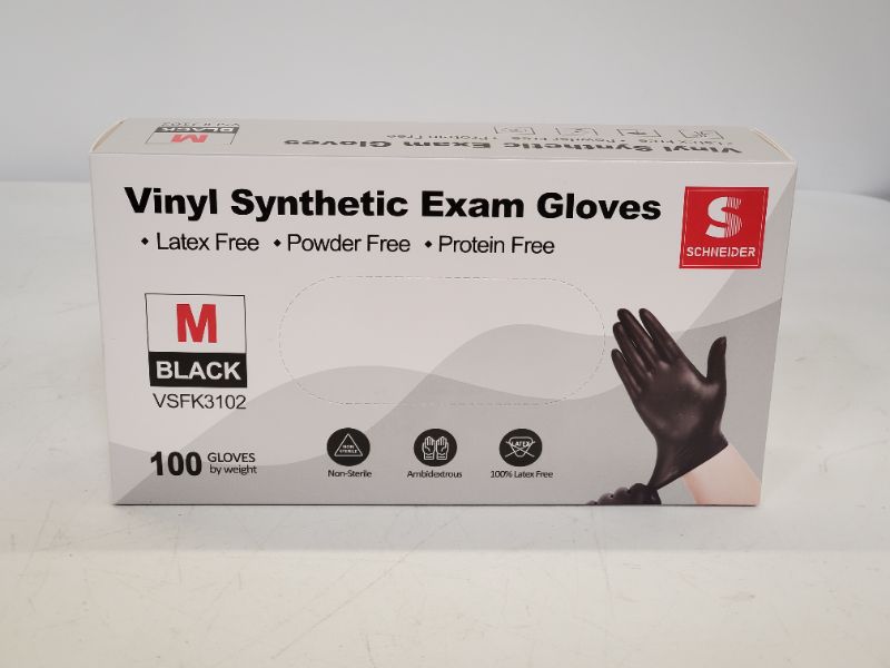 Photo 2 of Schneider Black Vinyl Exam Gloves, 4 mil, Disposable Latex-Free Plastic Gloves for Medical, Cooking & Cleaning, 100-ct Box- SIZE M 