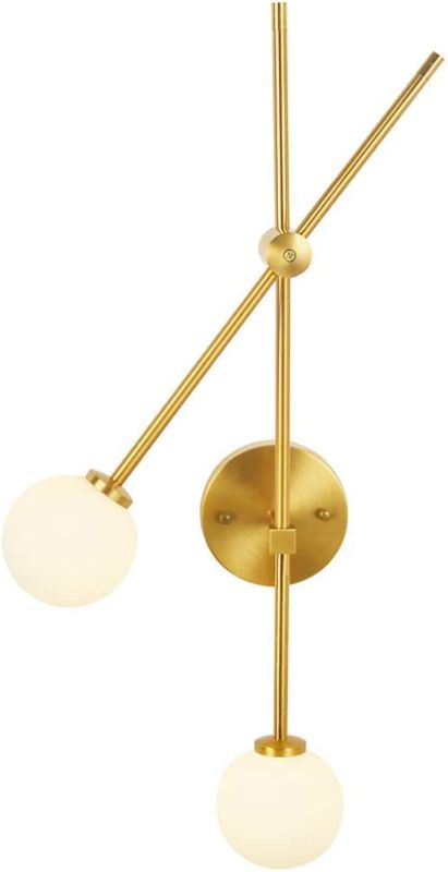 Photo 1 of BAODEN Modern 2 Lights Globe Wall Sconce Industrial Wall Lamp with G4 Bulb Mid Century Rotatable Light Fixture Brushed Brass Finished with White Globe Glass Lampshade (Gold Color)