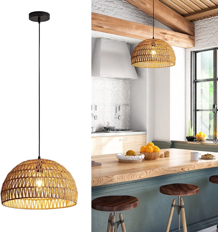 Photo 1 of ELYCCUPA Hand Woven Boho Farmhouse  Chandelier Brass Adjustable Open Weave Cane Rib Dome Large Pendant Light for Kitchen Island Dining Room Living Room, Dia 20 Inch, E26